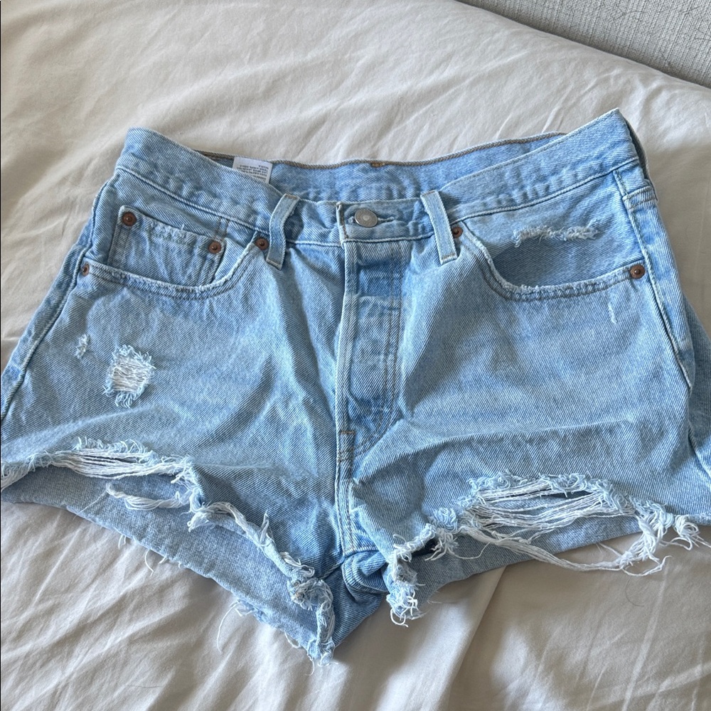 Levi's 501 Sky Blue Ripped Jean Shorts